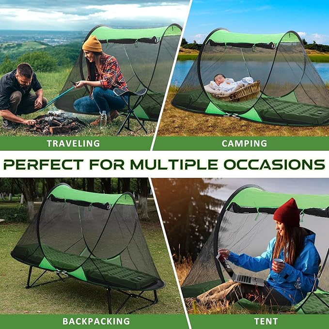 Pop up Mosquito Net Tent and Camping Sleeping Pad Set Instant Pop up Screen Tent Inflatable Sleeping Pad with Pillow Built or Camping Backpacking Hiking Traveling