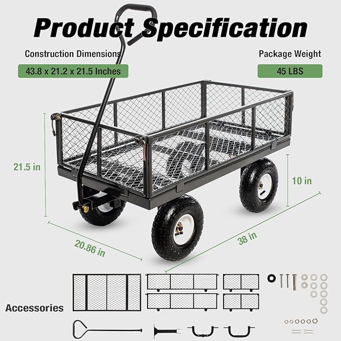 900Lbs Heavy Duty Steel Wagon Garden Carts, Utility Pullable with Removable Folding Sides, All Terrain Wagons for Outdoor, Garden, Farm, Yard, 43" x 21"x 21" inch, Grey