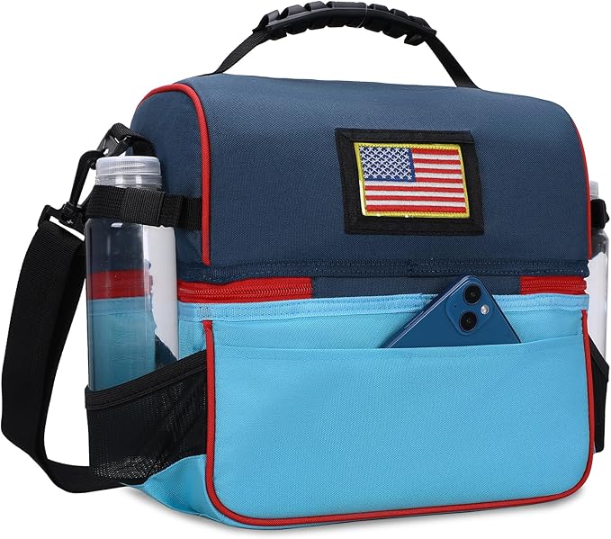 MIER 2 Compartment Lunch Bag Tote with Shoulder Strap for Men and Women Insulated Leakproof Cooler Bag, Blue