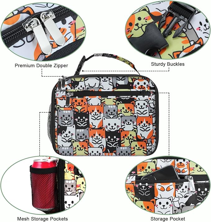 Kids Lunch Box for Boys Girls Lunch Bag Insulated Durable Lunchbox Children Lunch Tote Bag for School Cat