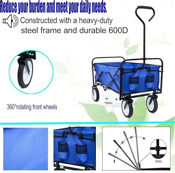 Collapsible Folding Wagon Garden Shopping Beach Cart,Heavy Duty Utility Buggy with Big Wheels,Adjustable Handle and Cup Holder,for Sand,Camping,Outdoor,40.55",Blue