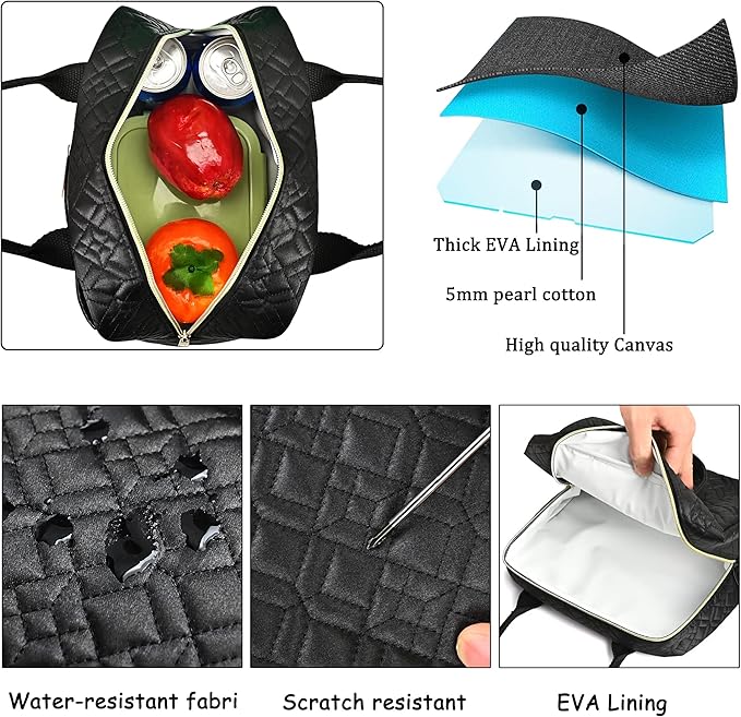 LOKASS Lunch Bag Women Insulated Lunch Box Thermal Lunch Tote Bags for Adults Work(Black-Embroidery)