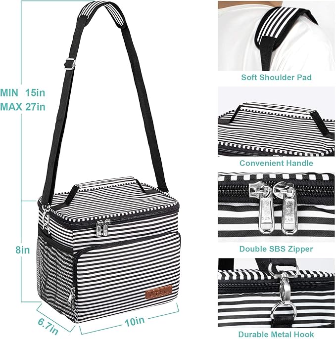 Tiblue Insulated Lunch Bag for Women/Men - Reusable Lunch Box for Office Work School Picnic,Leakproof Freezable Cooler Bag with Adjustable Shoulder Strap for Kid/Adult(Medium, Black & White Stripes)