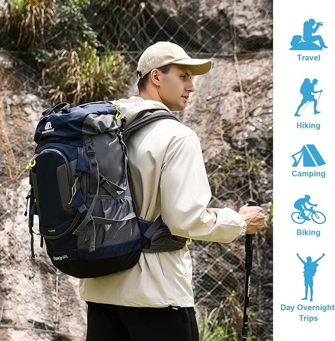ShowyLive 60L Waterproof Hiking and Camping Backpack for Men - Durable, Lightweight Large Hiking Backpack with Rain Cover, Multi Compartments, and Adjustable Straps, Blue