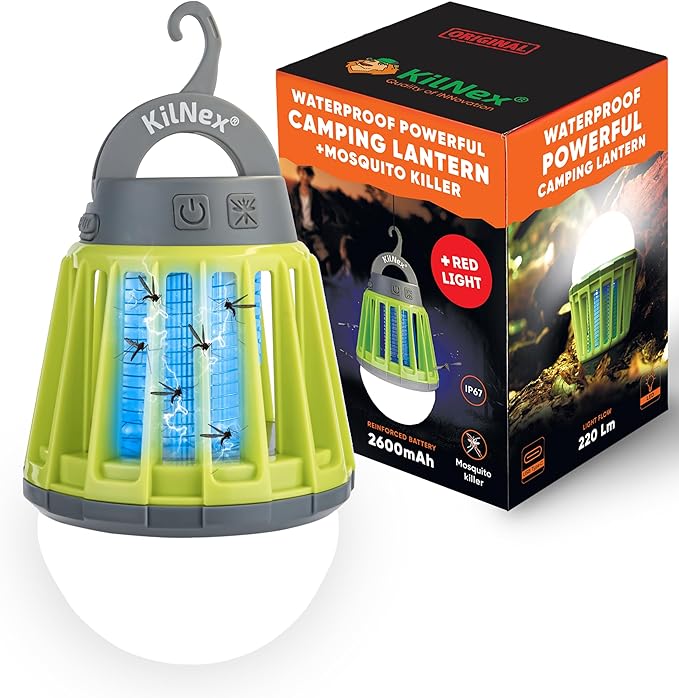 Camping Lantern with Mosquito Protection | Rechargeable Battery, USB Type-C Charging | Waterproof IP67 | White and Red Light | Compact Portable for Camping, Hiking, Fishing