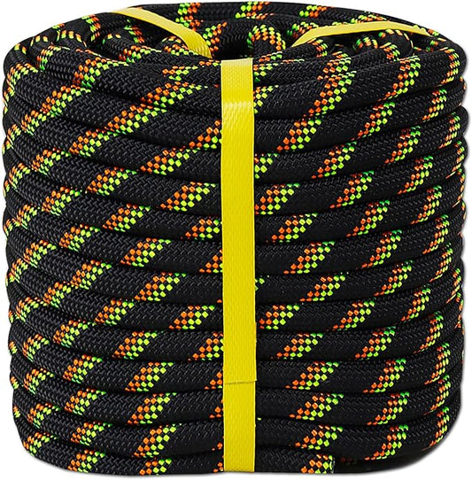 Double Braided Arborist Rope - 1/2 Inch x 150 Feet Polyester High Strength Climbing Rope for Tree Work, Swing, Halyard, Sailing(Black/Green/Orange)