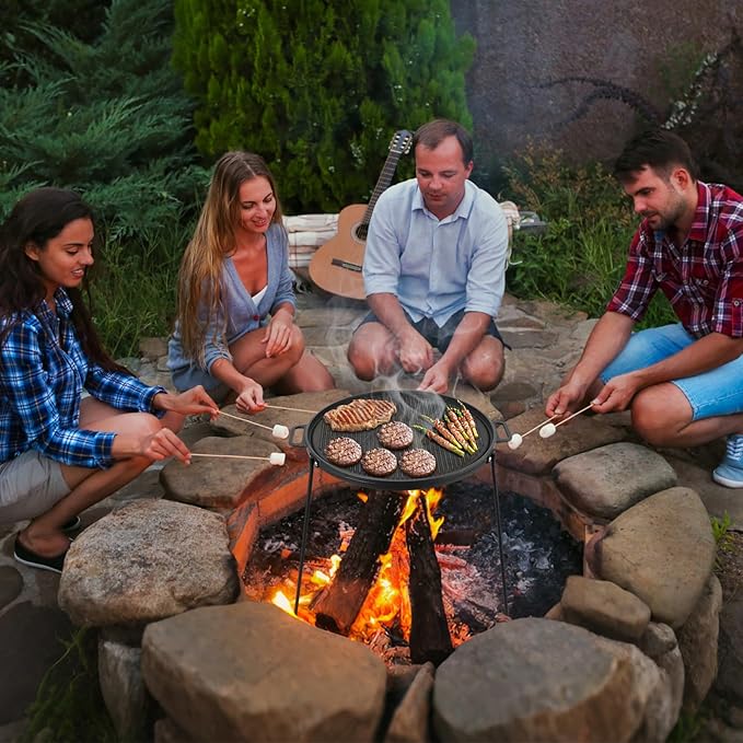 Onlyfire 18" Campfire Grill Griddle, Double Sided Reversible Portable Campfire Grill, Cast Iron Camping Griddle with Handles, 3 Removable & Height Adjustable Legs, Perfect for Grills and Outdoor BBQ