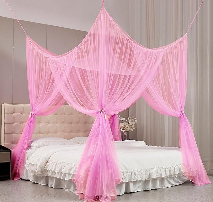 Mengersi 4 Corner Post Elegant Mosquito Net Curtain Bed Canopy for Full Queen King Size Bed,Suitable for Indoor Outdoor Net (87x79x98“(Suggested for Full to King), Pink)