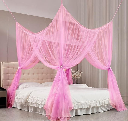 Mengersi 4 Corner Post Elegant Mosquito Net Curtain Bed Canopy for Full Queen King Size Bed,Suitable for Indoor Outdoor Net (87x79x98“(Suggested for Full to King), Pink)