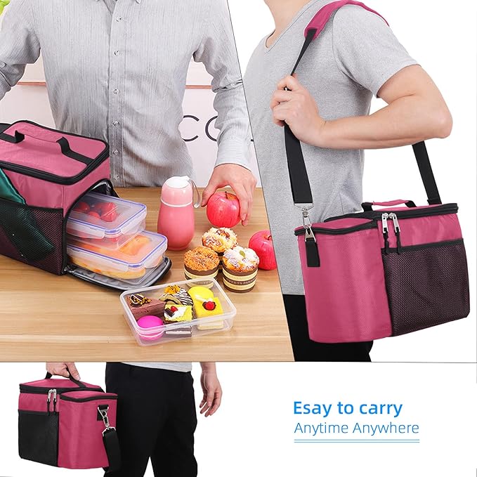 TOP&TOP Insulated Lunch Box and Cooler Bag for Women, Men - 13"L x 7"W x 9"H, 3 Reusable Meal Prep Containers, 2 Ice Packs, Detachable Shoulder Strap, Leakproof and Easy to Clean