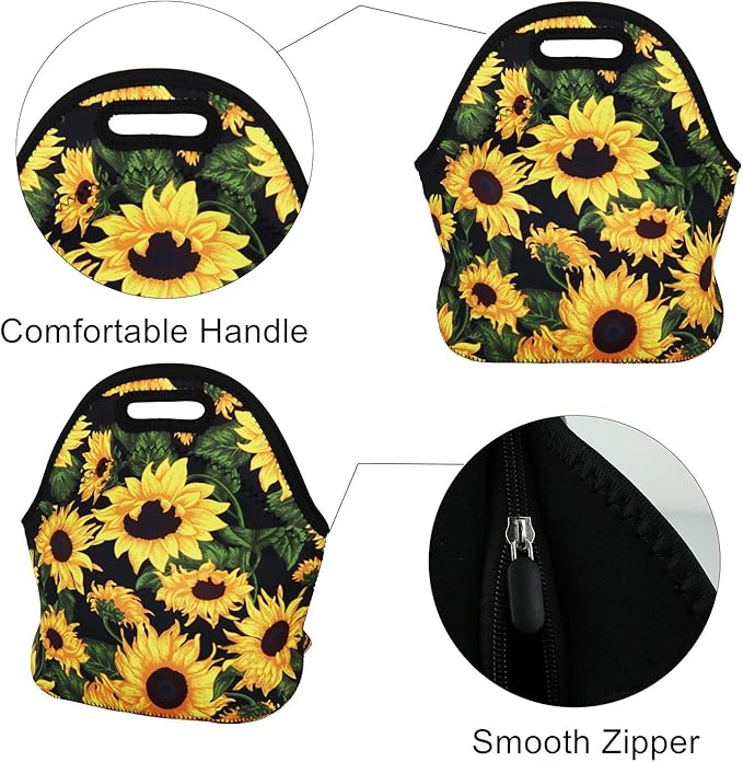 Violet Mist Neoprene Lunch Bag Insulated Reusable Sunflower Lunch Box Floral Lunch Bag Lunch Bags Tote Thermal Lunchbags Lightweight Food Handbags Container Travel Picnic Thanksgiving Christmas Gifts