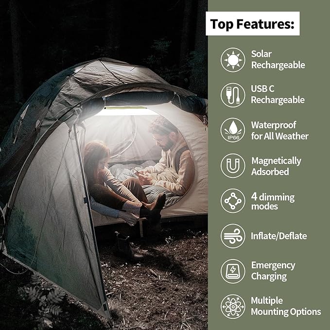 Solar Camping Lights Bars 33.5IN/85CM Tent Lights Rechargeable 4000mAh Foldable Inflatable for Outdoor IP66 Waterproof LED Tube Light for Camping, Hiking, Travel and More