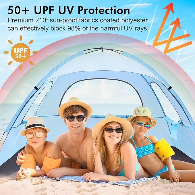 WhiteFang Beach Tent Anti-UV Portable Sun Shade Shelter for 3/4/6/8 Person, Extendable Floor with 3 Ventilating Mesh Windows Plus Carrying Bag, Stakes and Guy Lines