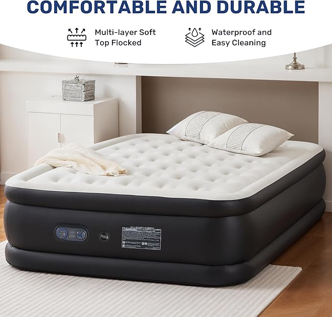YSSOA Queen Camping Air Mattress with Built-in Electric High-Speed Pump, 18" Bed Height, Blow Up Inflatable Airbed with Carrying Bag for Home Guests & Travel, Waterproof Foldable Portable