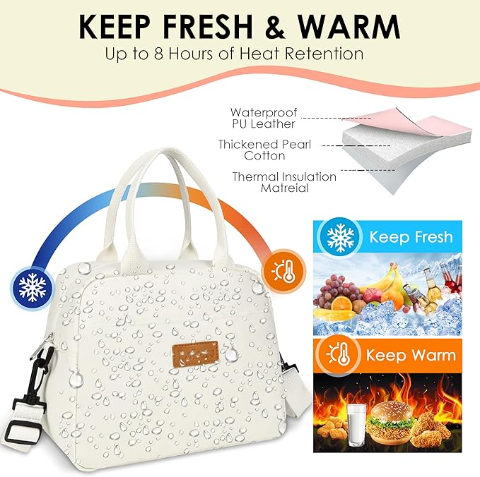 LOKASS Lunch Bag for Women-Insulated Adults Lunch Box with Front Pocket- Small Cute Lunch Tote for Work-Reusable Cooler Bag for Office Picnic Beach or Travel（White）