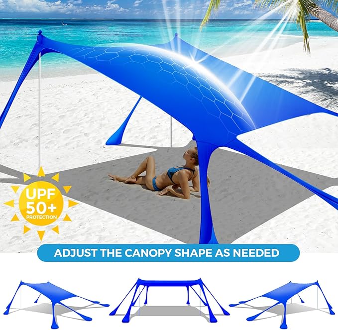 Large Beach Tent Canopy Pop Up Shade 10x10ft Sun Shelter Portable with UPF50+ UV Protection 8 Sandbags 4 Aluminum Poles 2 Sand Shovel Ground Pegs Carrying Bag for Outdoor Camping Fishing Yard Picnics