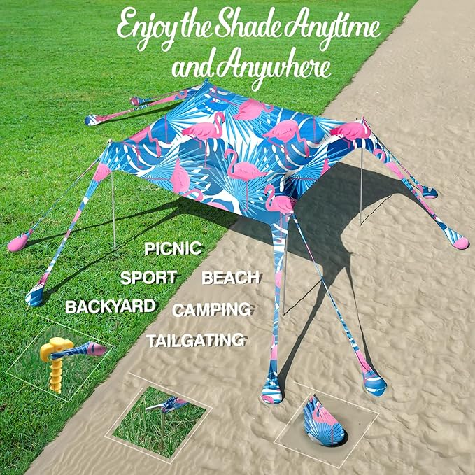 Rhino Valley Beach Tent Sun Shelter, 10x10FT Beach Canopy Tent Sun Shade UPF50+ Protection with 8 Sandbags 4 Stability Poles, Outdoor Beach Shade Canopy 6-8 People for Beach Camping Fishing