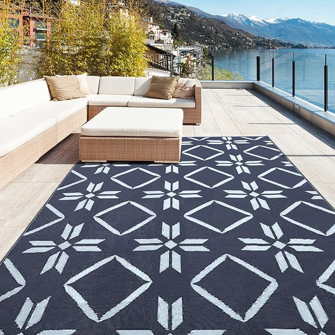 Kohree RV Outdoor Rug 9x12 Reversible, Waterproof RV Awning Rug Patio Mat with 4 Stakes & UV Resistant, Non-Slip Outdoor Camping Mat for Picnic, Backyard, Includes Carry Bag (Blue)