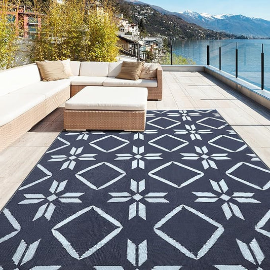 Kohree RV Outdoor Rug 9x12 Reversible, Waterproof RV Awning Rug Patio Mat with 4 Stakes & UV Resistant, Non-Slip Outdoor Camping Mat for Picnic, Backyard, Includes Carry Bag (Blue)