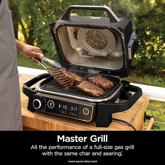 Ninja Woodfire Pro 7-in-1 Grill & Smoker with Thermometer, Air Fryer, BBQ, Bake, Roast, Broil - Portable Electric Outdoor Grill, Grey