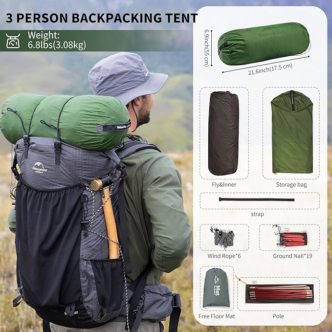 Naturehike Opalus Tunnel Backpacking Tent for 2-3 Person, 2 Person 3 Person Backpacking Tent, Lightweight Camping Tent with Footprint & Vestibule