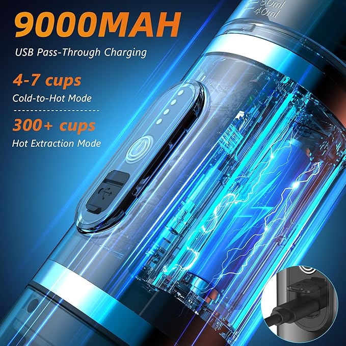 Hobsir Portable Electric Espresso Maker, Travel Coffee Machine for Camping, Car Coffee Maker with Frothing Base, USB-C, 3in1 Capsule, Portable Small Espresso Coffe Machine for RV, Hiking, Office Black