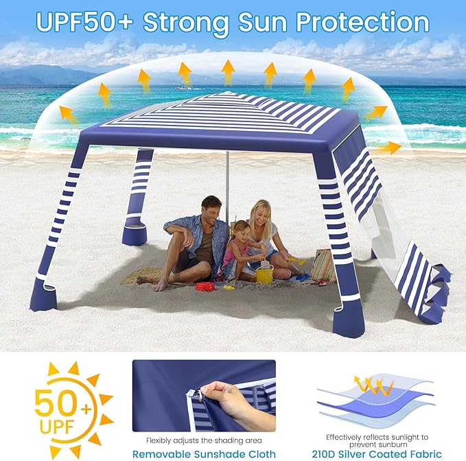 MoKo Beach Cabana, 8'×8' Large Beach Canopy with Side Wall, UPF 50+ Protection Easy Setup Beach Tent Sun Shelter, Adjustable Height Wind Resistant Cabana Beach Tent for Whole Family, Navy Stripes