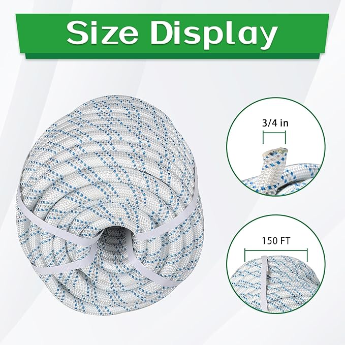 3/4 in 150 FT Braided Rope 16500 LBS Breaking Strength High Force Polyester Rope Suitable for Swing Camping Tree Work Arborist Rigging White Grey Blue