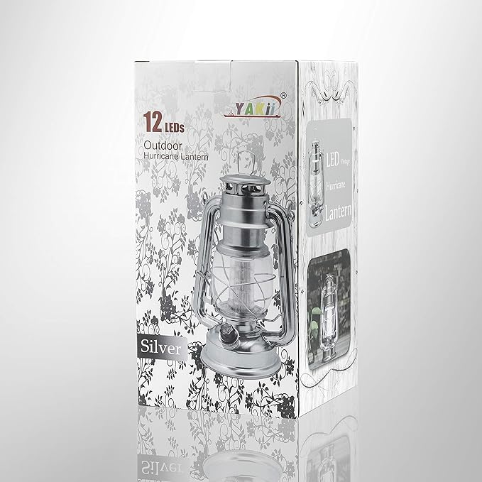 YAKii LED Vintage Metal Hanging Hurricane Lantern - 12 LED Dimmer Switch, Cold White Battery Operated Lantern for Power Outage, Indoor Camping, Outdoor Decoration (Silver)