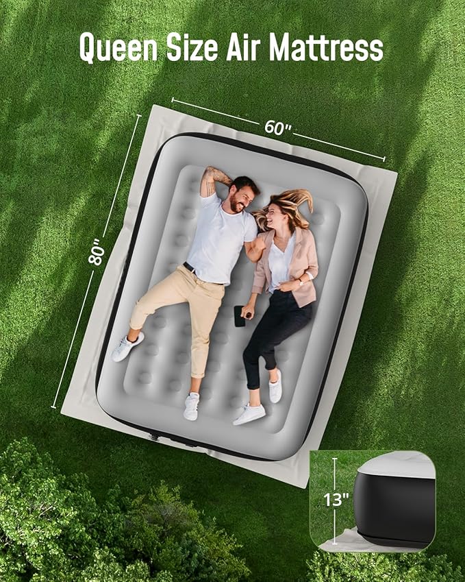 Airefina Queen Air Mattress with Built-in Pump 13", Comfort Blow up Mattress in 3 Mins Inflation/Deflation, Queen Size Inflatable Bed with Flocked Top for Camping, Home, Guest, Portable 80x60x13in