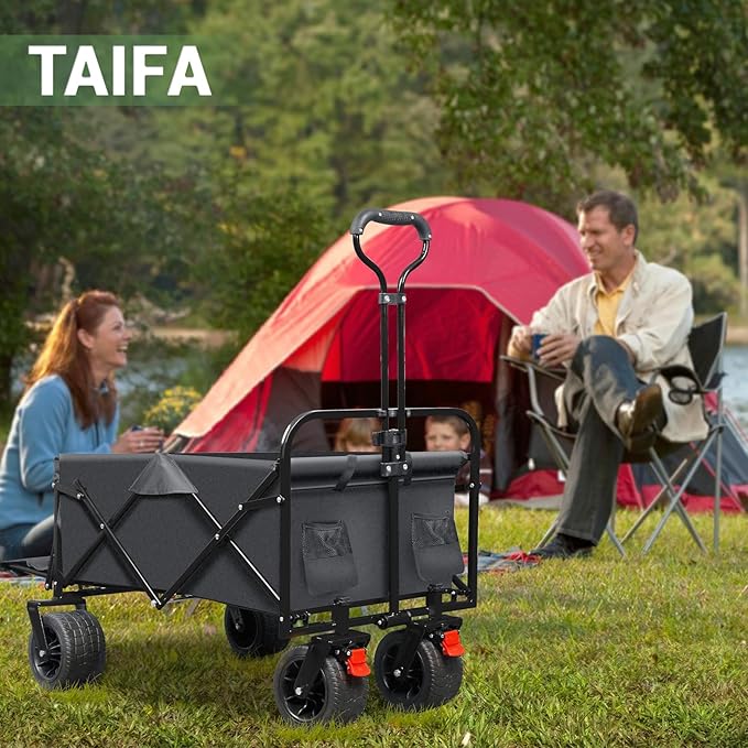 TAIFA Foldable Collapsible Wagons Cart with Extra Long Tailgate, Beach Portable Utility Wagon with Big Wheels and Brakes for Sand Shopping Camping Sports Outdoor, Black and Gray
