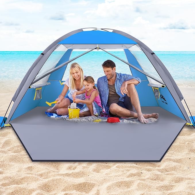 Happy Travel Beach Tent, UPF 50+ UV Protection Sun Shade Shelter for 3/4/5/6/7/8 Person, Portable Beach Canopy for Family & Baby, Lightweight & Easy Setup Beach Cabana with 3 Ventilation Mesh Windows