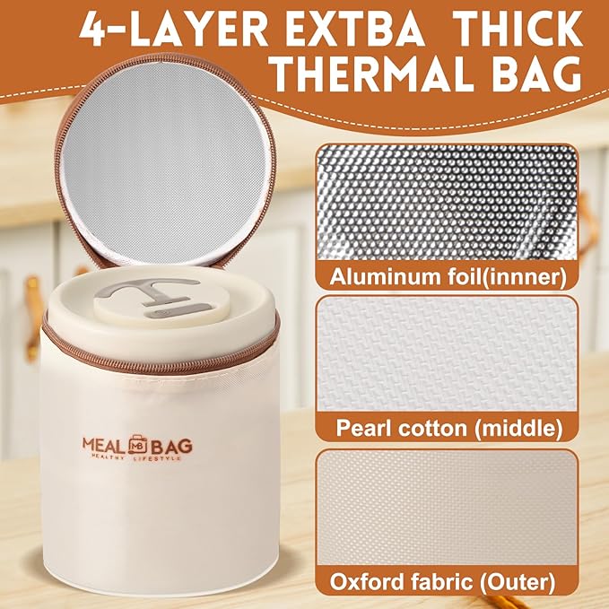 Dandat 2 Pcs Insulated Lunch Containers Thermal Bento Box with Bag Fork Knife Microwavable Stainless Steel Lunch Box 15.2 oz 21 oz Separate Stackable Thermal Food Jar for Adult Men Women(Beige)