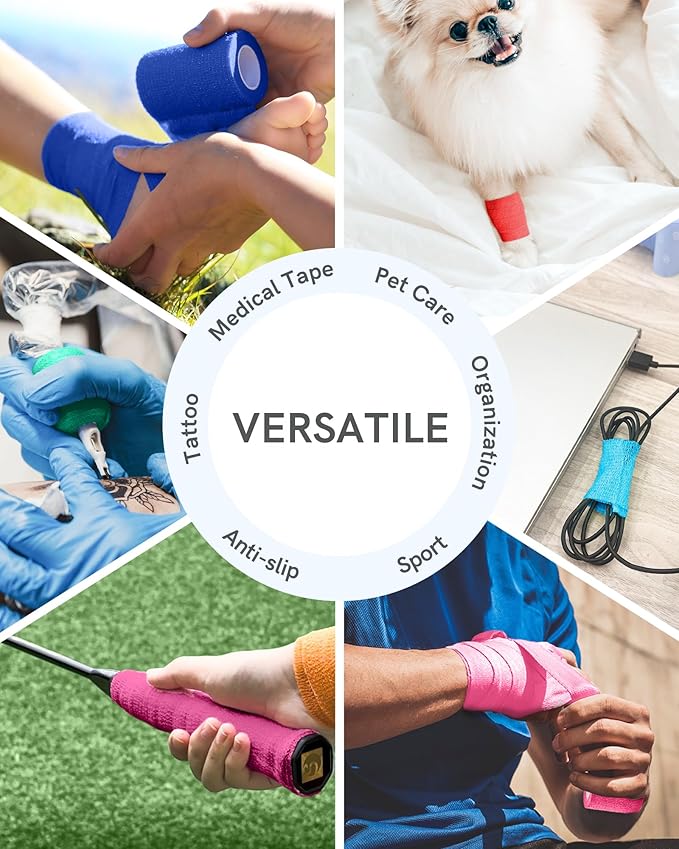 FriCARE Self Adhesive Bandage Wrap, Medical Tape in First Aid Kit, Cohesive Bandages for Wounds Sport Vet, FSA/HSA Eligible, 2 Inches X 5 Yards 6 Rolls, Vibrant