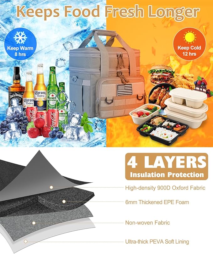 Tactical Lunch Box for Men, Expandable Large Insulated Lunch Bag for Adult, Heavy Duty Double Deck Lunch Cooler Bag with Shoulder Strap Leakproof Waterproof Lunch Tote for Travel Work Office - Sandy