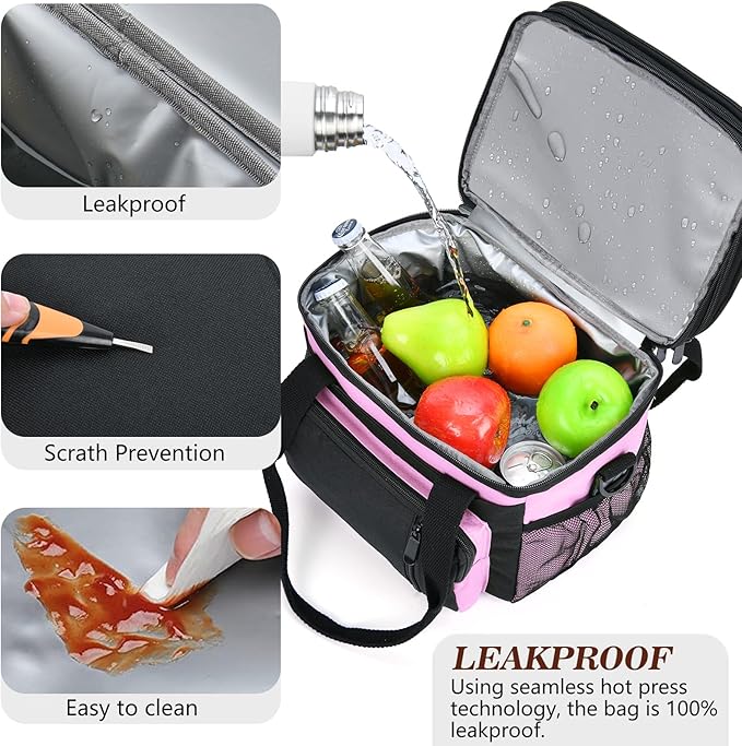 LOKASS Lunch Box for Women/Men-16L-Insulated Lunch Bag, Expandable Double-layer Leakproof Cooler Bag with Upgrade Adjustable Shoulder Strap Ideal for Work/Travel/Picnics（Pink&Black）