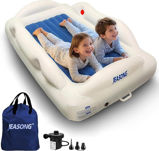 JEASONG Portable Inflatable Toddler Kid Bed with 4 Safety Sides - Air Mattress Electric Pump for Camping, Sleepovers and Home and Travel Use, Compact Crib Sleep Solution, Suitable for Ages 3+