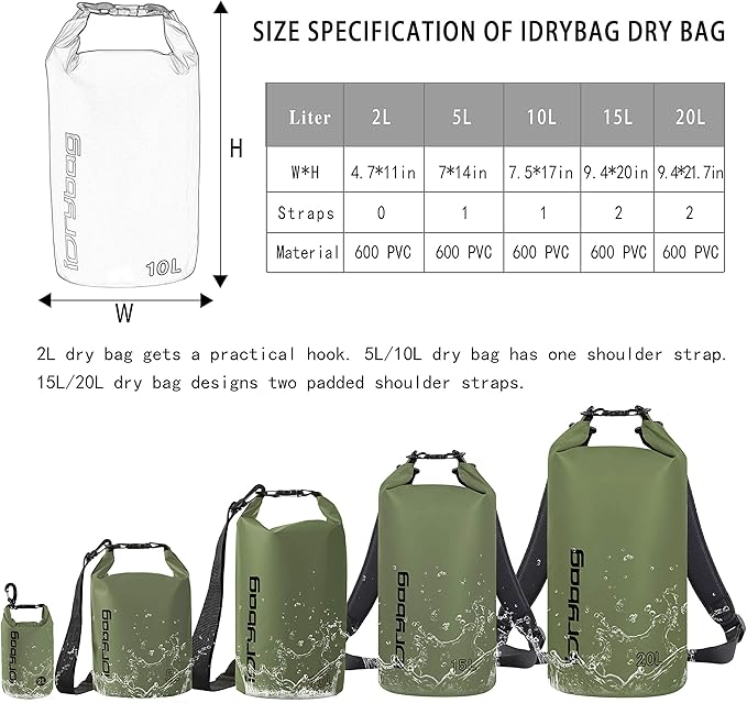 IDRYBAG Dry Bags for Kayaking Waterproof 2L/5L/10L/15L/20L, Small Dry Bag Waterproof Floating, Dry Sack Waterproof Bag for Paddleboarding Travel