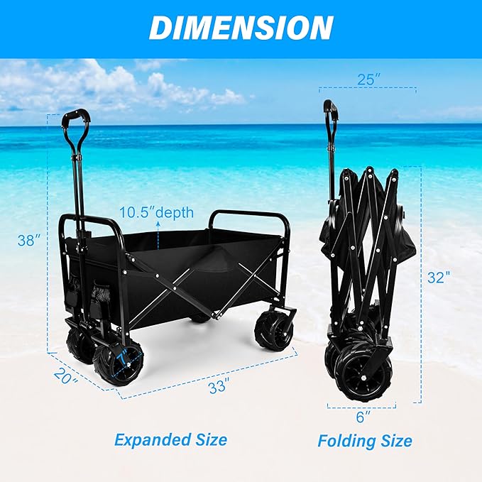 YSSOA Collapsible Folding Wagon Cart, Beach Wagon for Sand with Big Wheels, Heavy Duty Foldable Utility Wagon, Portable Garden Cart with Adjustable Handle, Foldable Grocery Wagon for Camping Sports