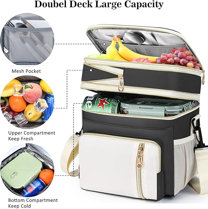 Lunch Box & Lunch Bag for Women Men, Large Insulated Adult Lunch Box Leakproof Lunchbox Cooler Bag for Work Picnic Beach,16L, Black & White