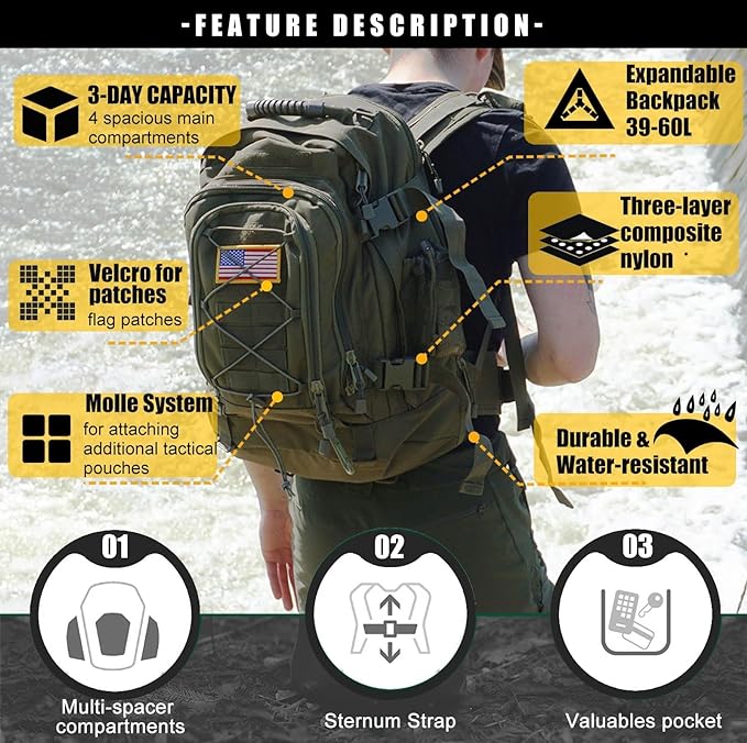 Tactical Backpack Military Army Daypack - Assault Pack for Men Molle Backpacks Bug Out Bag 3 Day Pack for Hiking Camping Travel Hunting Rucksack Trekking Green