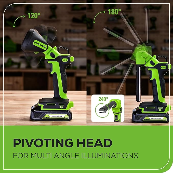 Greenworks 24V 2-in-1 Magnetic Work Light, 650 Lumens LED Spotlight and Project Light Tube, Pivoting Head, 3 Mode, SOS Function, with 2Ah Battery and Charger