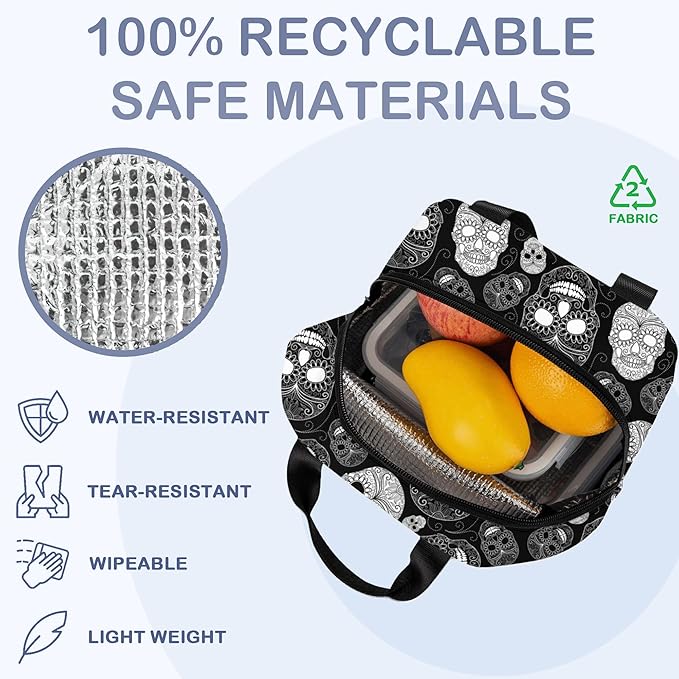 Insulated Lunch Bag, Black and White Skull Head Lunch Box for School Student Kids Boys Girls,Leakproof Small Lunch Tote for Adult Men Women,Reusable Lunch Cooler Tote Bag for Office Work Picnic