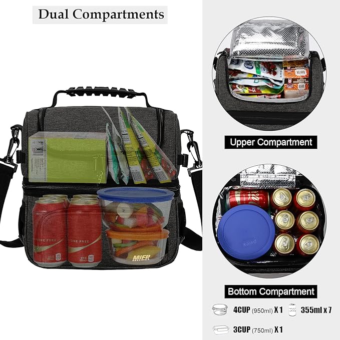 MIER Dual Compartment Lunch Bag Tote with Shoulder Strap for Men and Women Insulated Leakproof Cooler Bag, Dark Grey