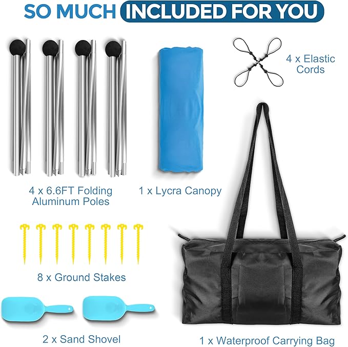 Beach Canopy Beach Tent Pop Up Shade 10x10ft Sun Shelter UPF50+ with 8 Sandbags-2 Sand Shovel-4 Aluminum Poles-Ground Pegs-Portable Carrying Bag for Outdoor Family Camping Fishing Yard Picnic
