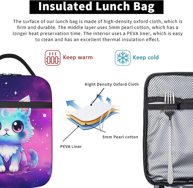 Galaxy Cute Cat Printed Insulated Lunch Box Portable Purple Lunch Bag with Detachable Handle,Reusable Lunchbox for Girls Boys Adults