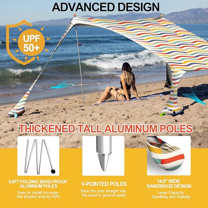Buheco Beach Tent Pop Up Shade 7x7.5ft Beach Canopy Sun Shelter UPF50+ with 4 Foldable Poles-Portable Carrying Bag-Sand Shovel-Ground Pegs-Windproof Ropes for Outdoor Family Camping-Fishing- Picnic