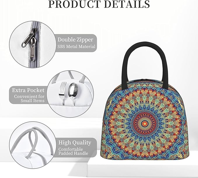 Mandala Lunch Bag Lunch Box for Women Men Boys Girls, Reusable Insulated Lunch Tote Bag, Leakproof Thermal Cooler Sack Food Handbags High Capacity for Work School Picnic Camping Gifts