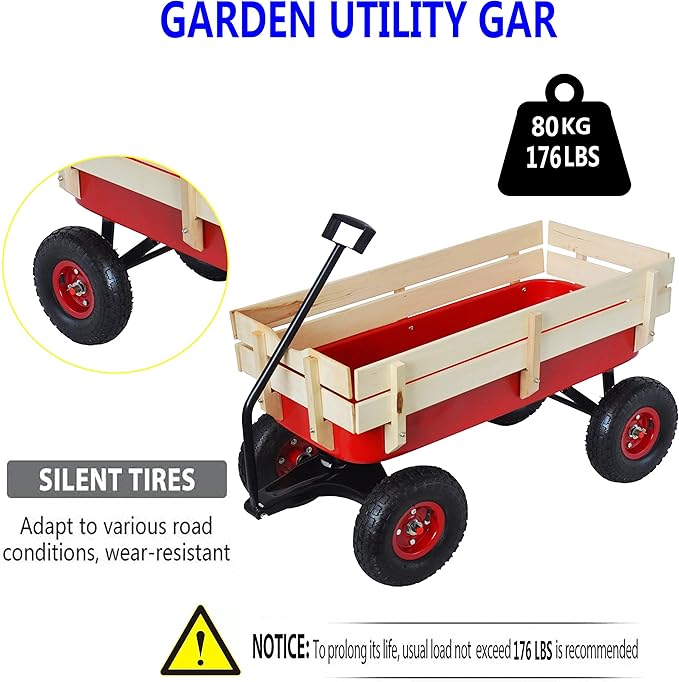 Outdoor Sport Wagon Tool Cart Wooden Side Panels Air Tires Buggy with Adjustable Handle,Detachable Wood Fence,for Outdoor Activities, Beaches, Gardens,Camping,39.37",Red