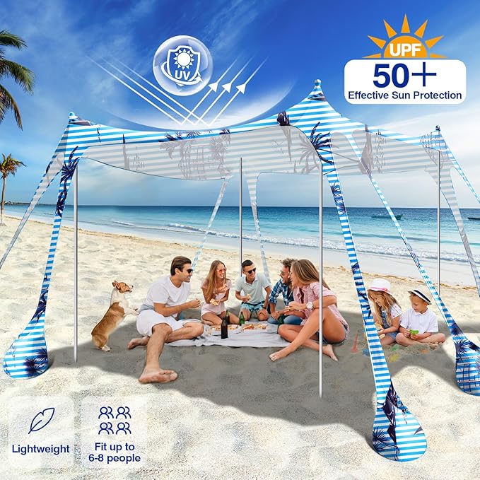 Rhino Valley Beach Tent Sun Shelter, 10x10FT Beach Canopy Tent Sun Shade UPF50+ Protection with 8 Sandbags 4 Stability Poles, Outdoor Beach Shade Canopy 6-8 People for Beach Camping Fishing